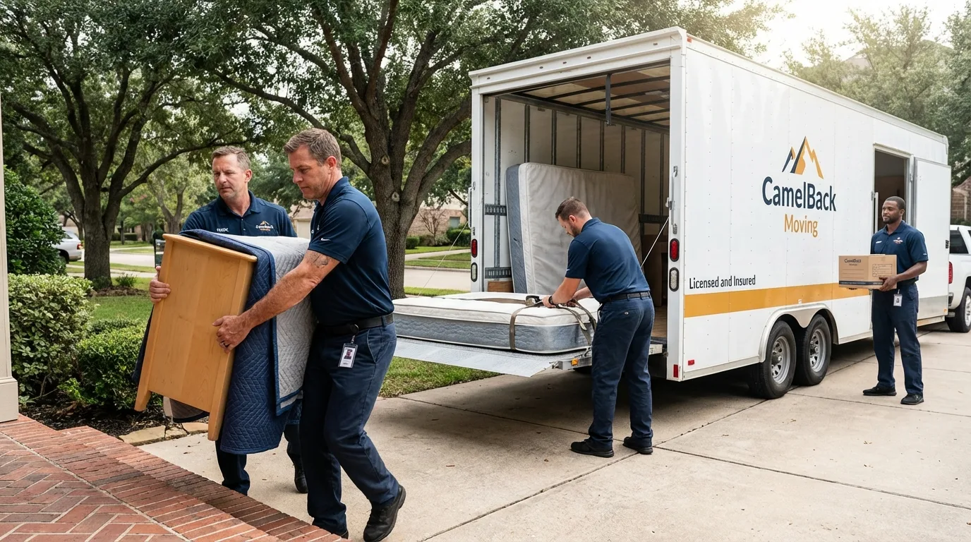 Crew loading residential truck for cross-state move from La Porte City, IA