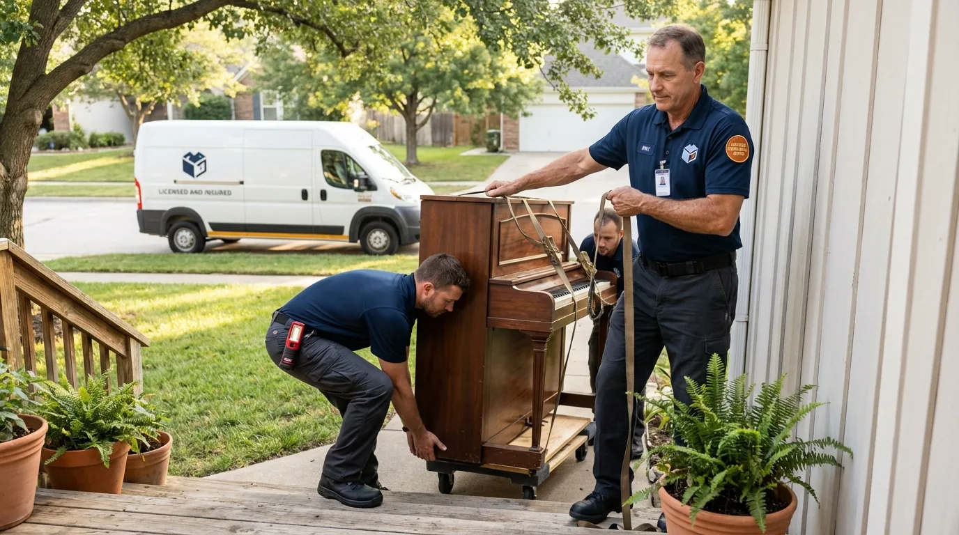 Licensed piano movers securing grand piano in La Porte City, IA