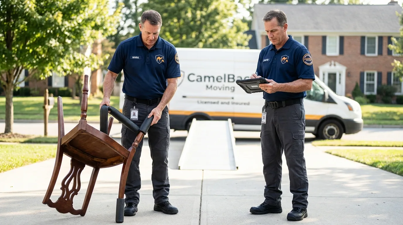 Movers inspecting furniture for damage prevention before loading in La Porte City, IA
