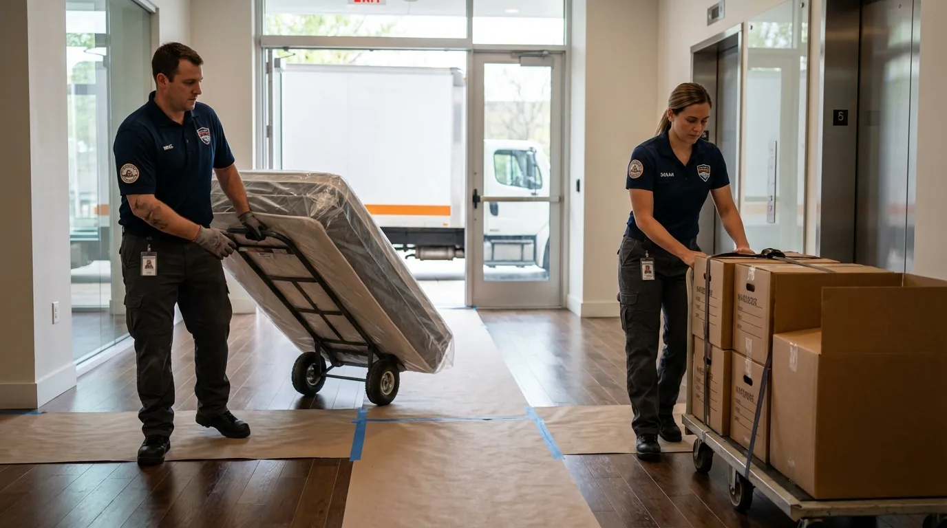Professional apartment movers loading elevator in La Porte City, IA