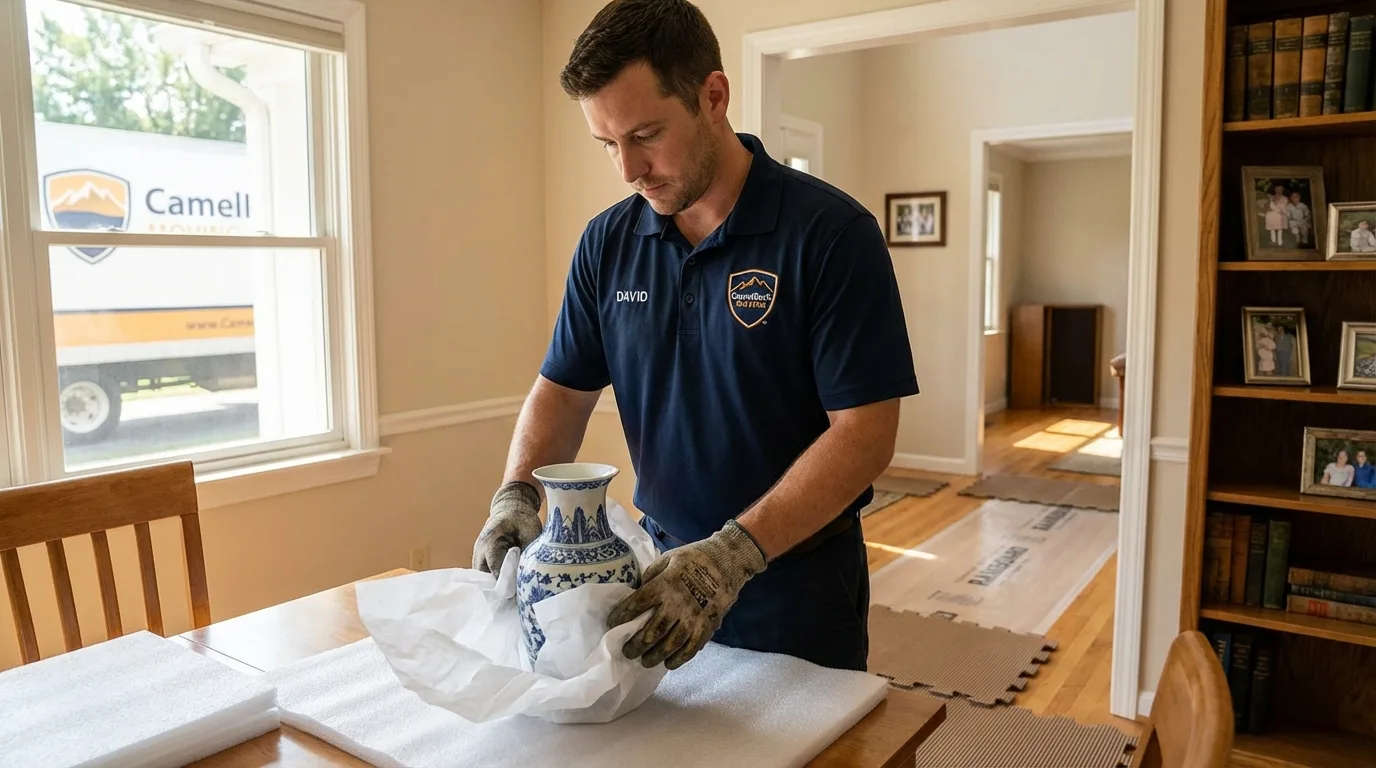 Professional crew carefully wrapping antique vase for senior downsizing move in La Porte City, IA