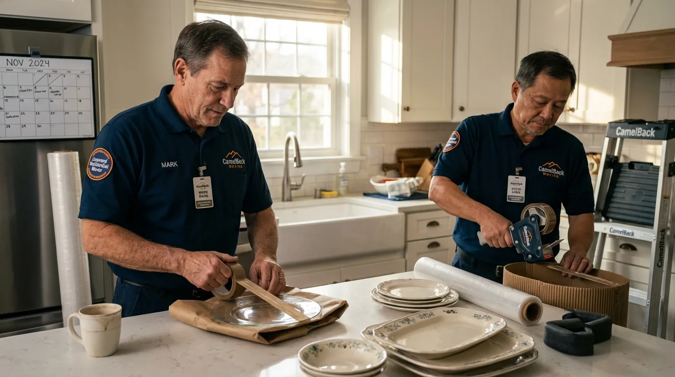 Professional crew packing kitchen dishware in La Porte City, IA